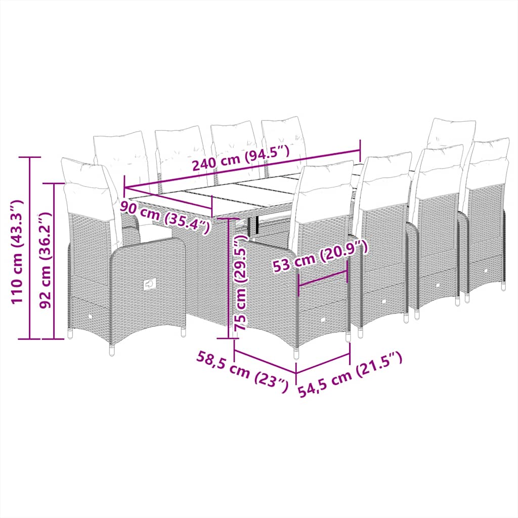 vidaXL 9-delige Bistroset met kussens poly rattan zwart