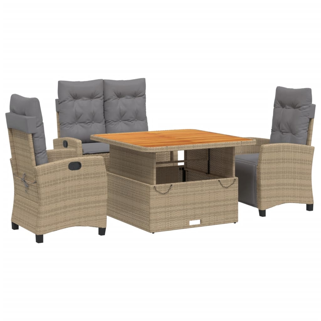 vidaXL 3-delige Tuinset met kussens poly rattan beige