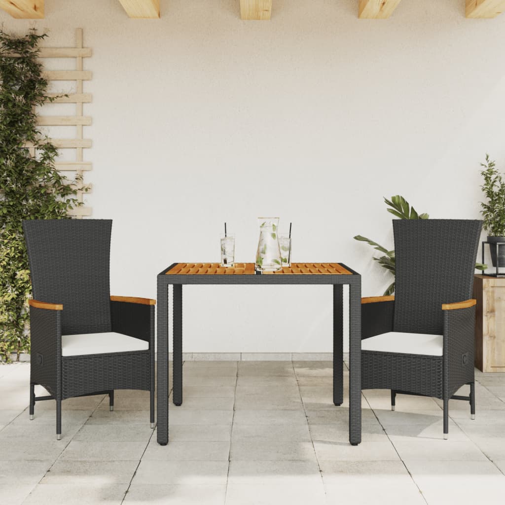 vidaXL 3-delige Tuinset met kussens poly rattan zwart