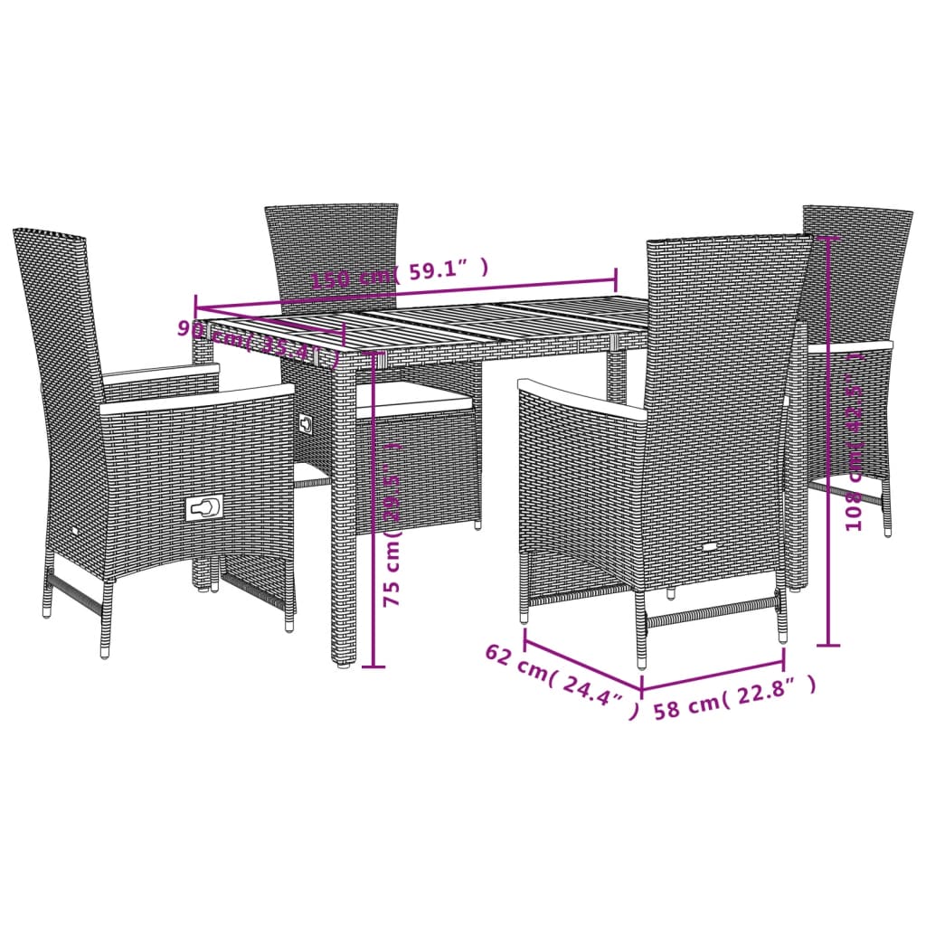 vidaXL 3-delige Tuinset met kussens poly rattan zwart