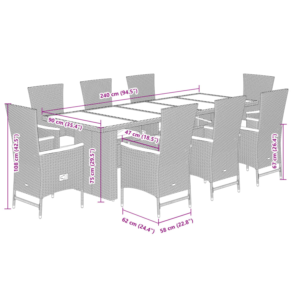 vidaXL 9-delige Tuinset poly rattan zwart