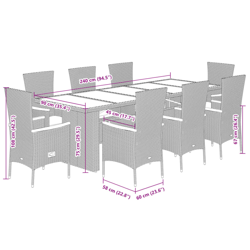 vidaXL 9-delige Tuinset met kussens poly rattan grijs