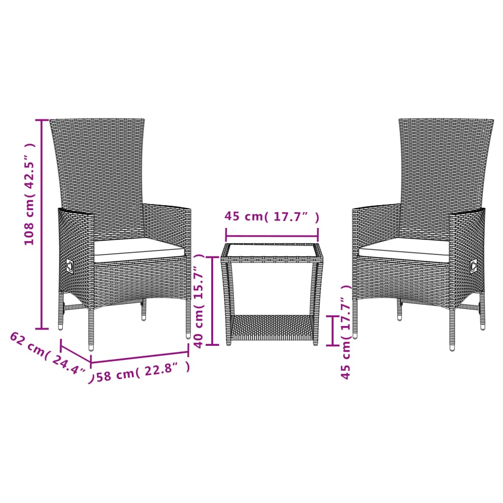 vidaXL 3-Piece Garden Lounge Set with Cushions Poly Rattan Beige