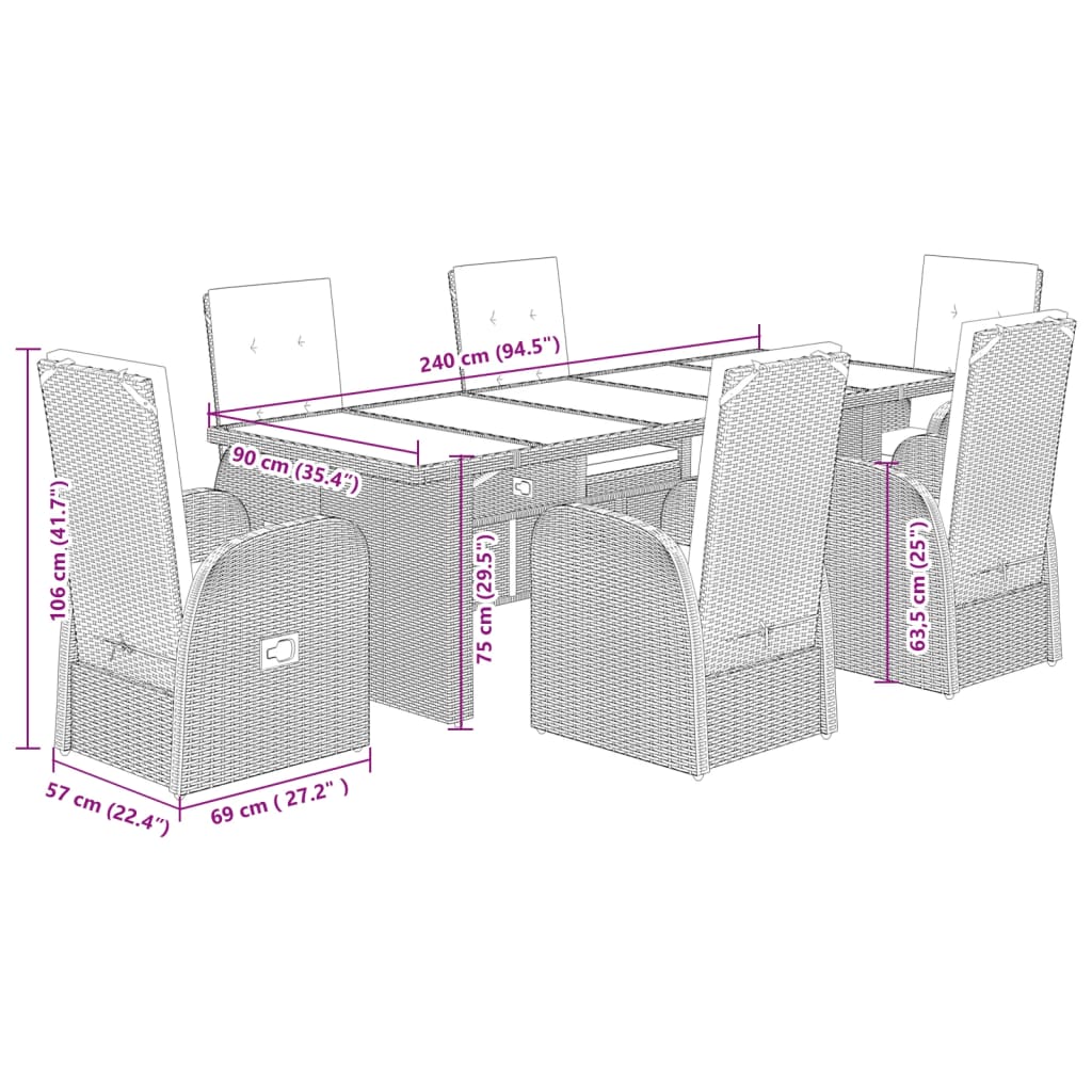 vidaXL 7-delige Tuinset met kussens poly rattan grijs