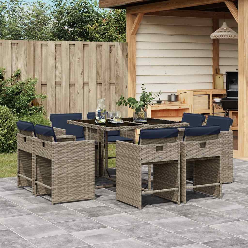 vidaXL 9-piece Garden Dining Set with Cushions Grey Poly Rattan