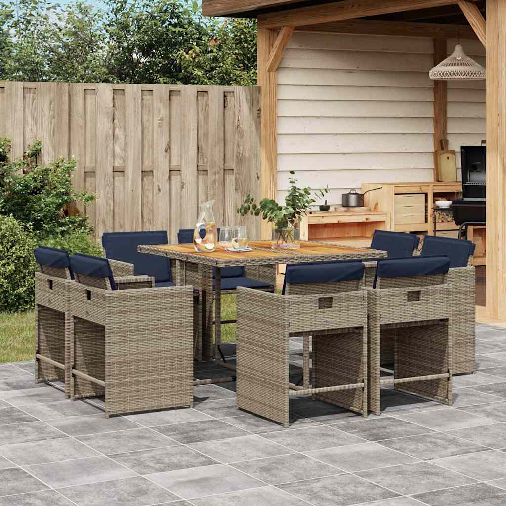 vidaXL 9-piece Garden Dining Set with Cushions Grey Poly Rattan