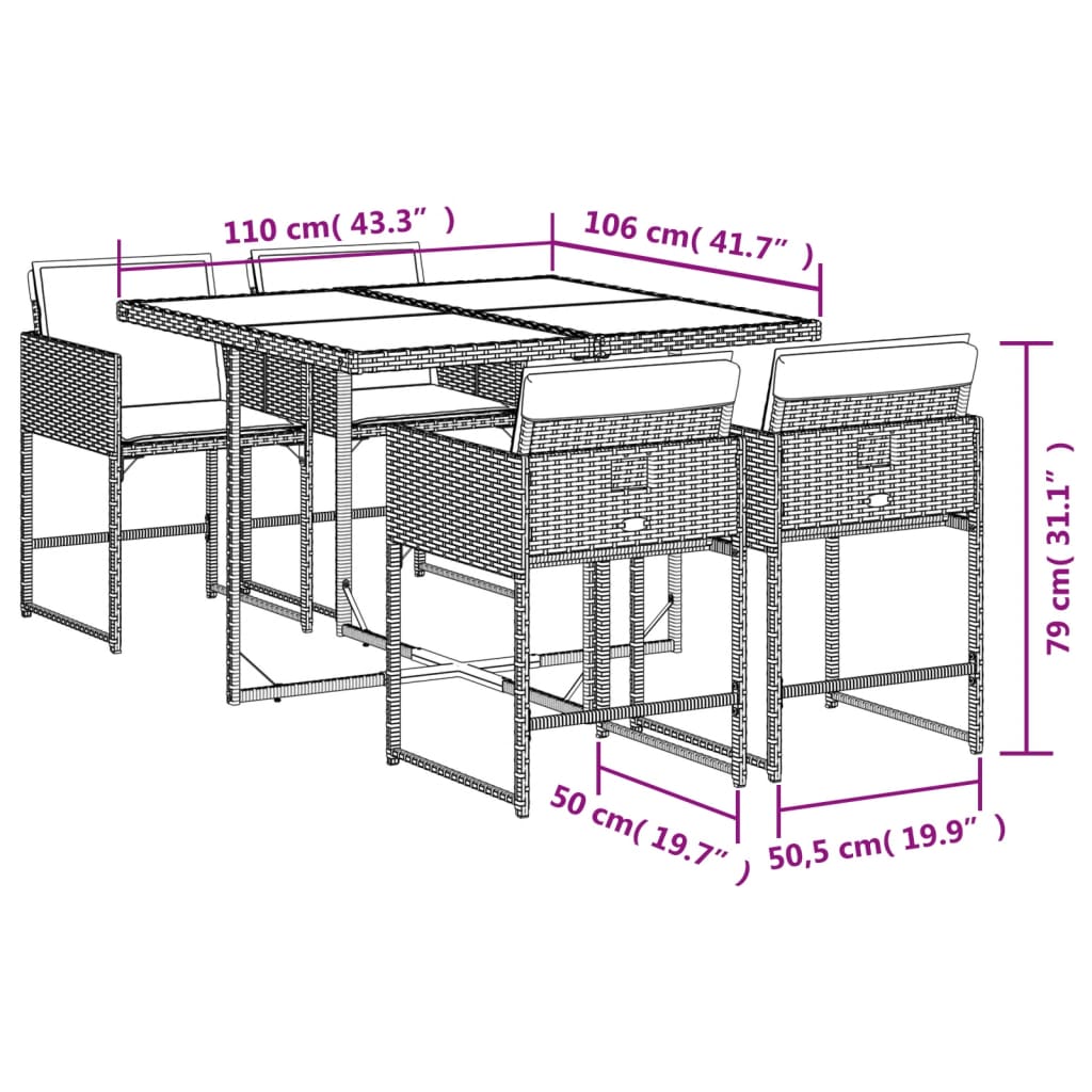 vidaXL 5-delige Tuinset met kussens poly rattan zwart