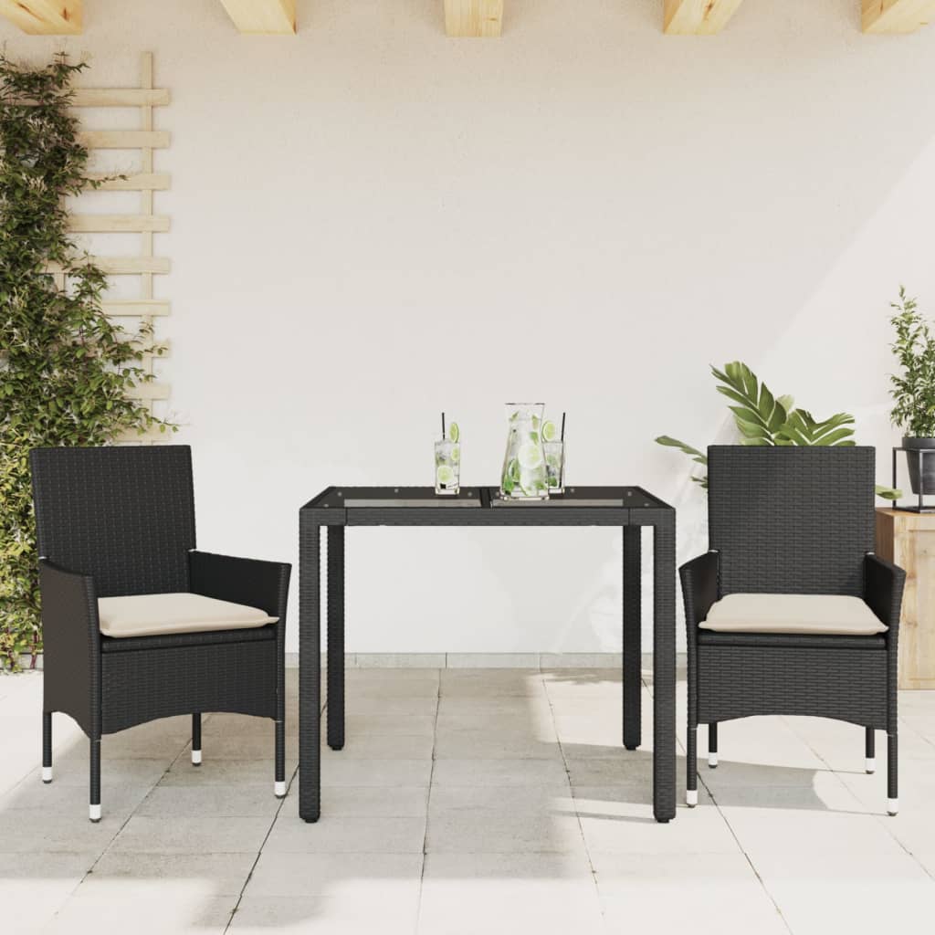 vidaXL 3-Piece Garden Lounge Set with Cushions Poly Rattan and Glass Black