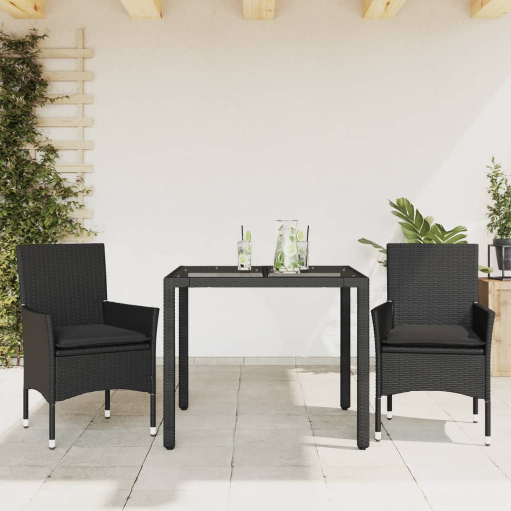 vidaXL 3-Piece Garden Lounge Set with Cushions Poly Rattan and Glass Black