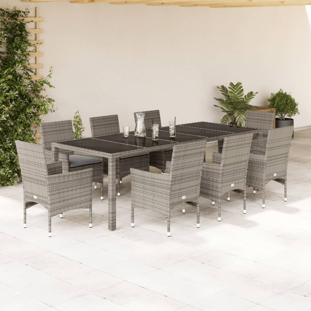 vidaXL 9-delige Tuinset met kussens poly rattan en glas grijs
