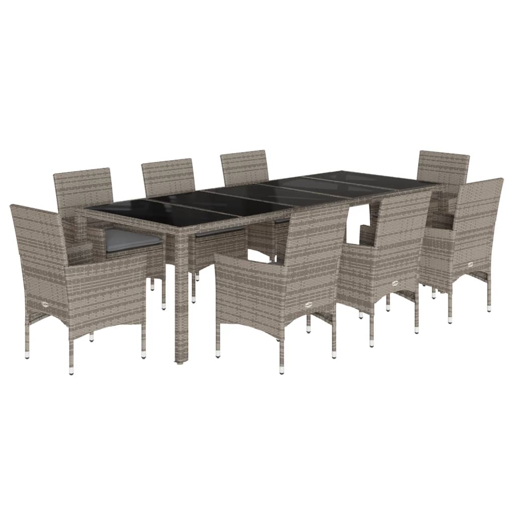 vidaXL 9-delige Tuinset met kussens poly rattan en glas grijs