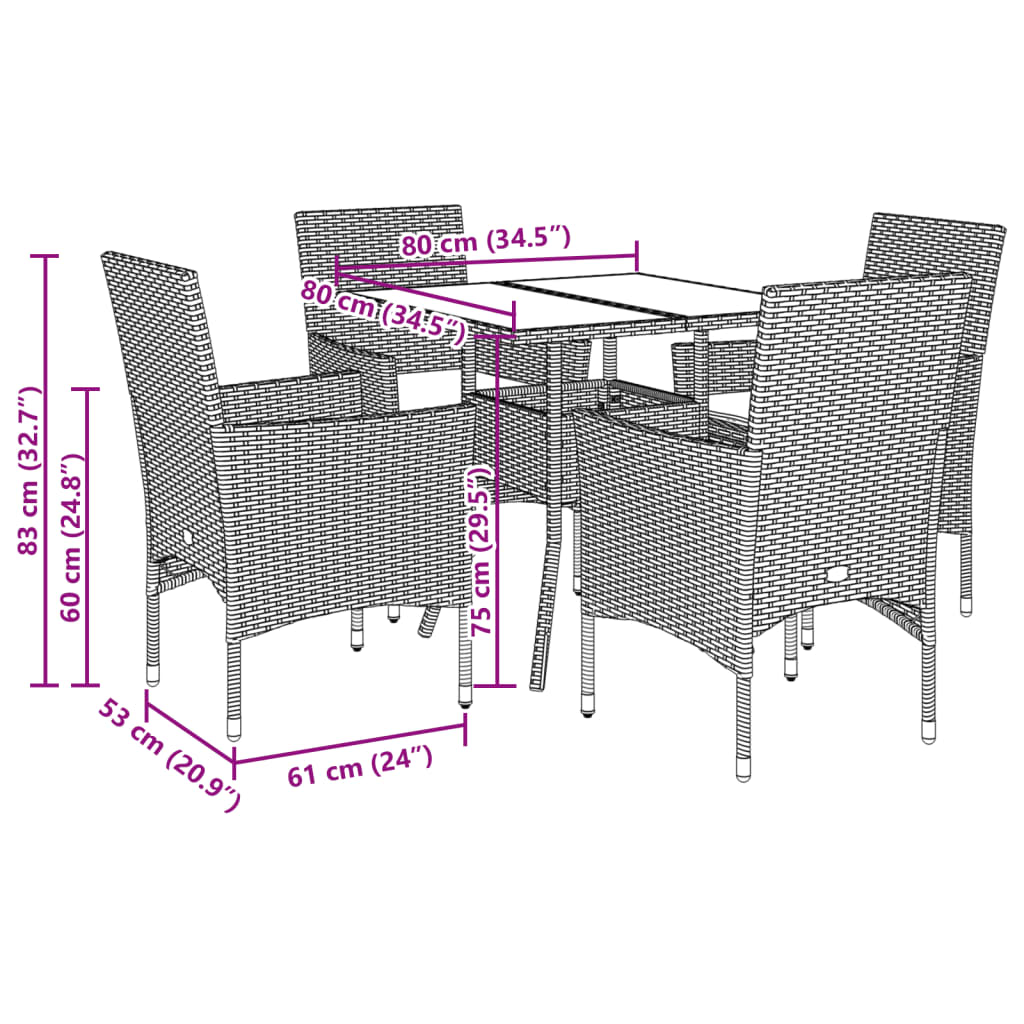 vidaXL 3-delige Tuinset met kussens poly rattan en glas zwart