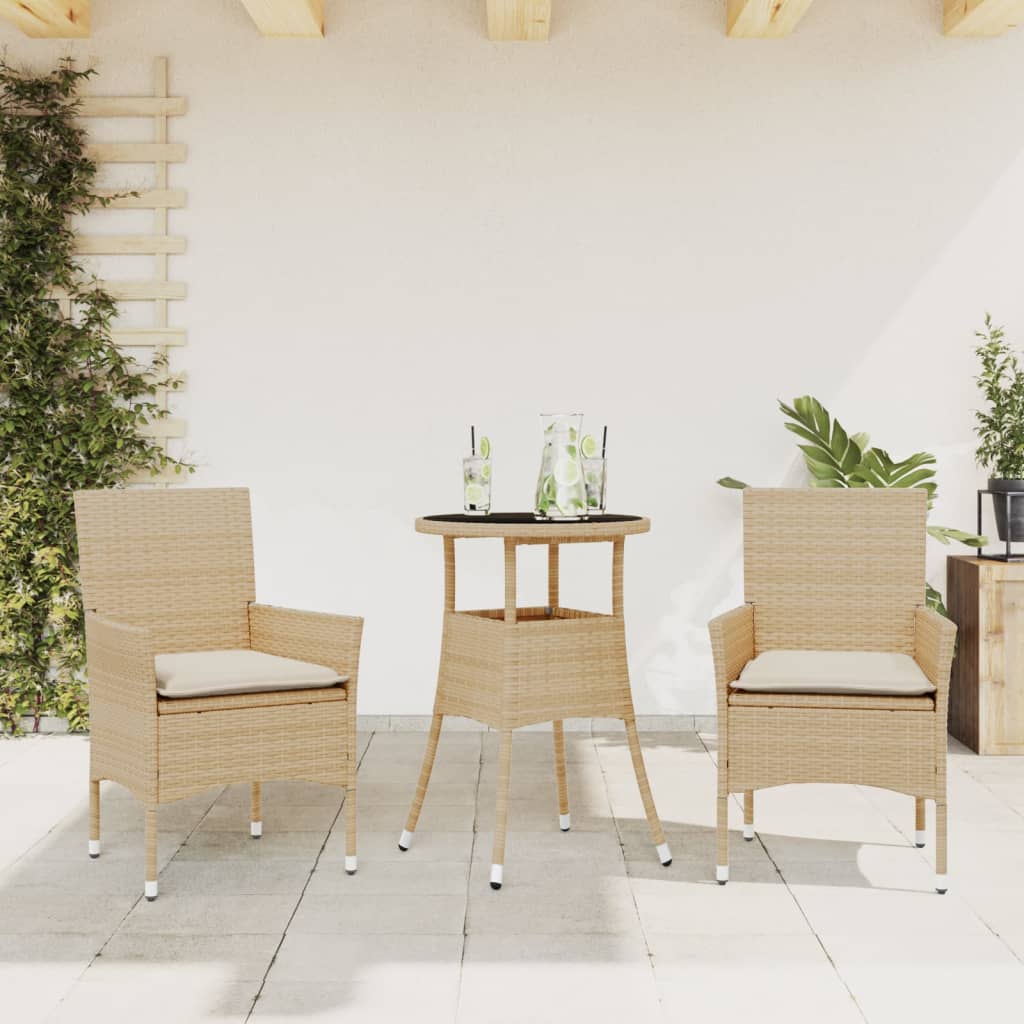 vidaXL 3-delige Tuinset met kussens poly rattan en glas zwart