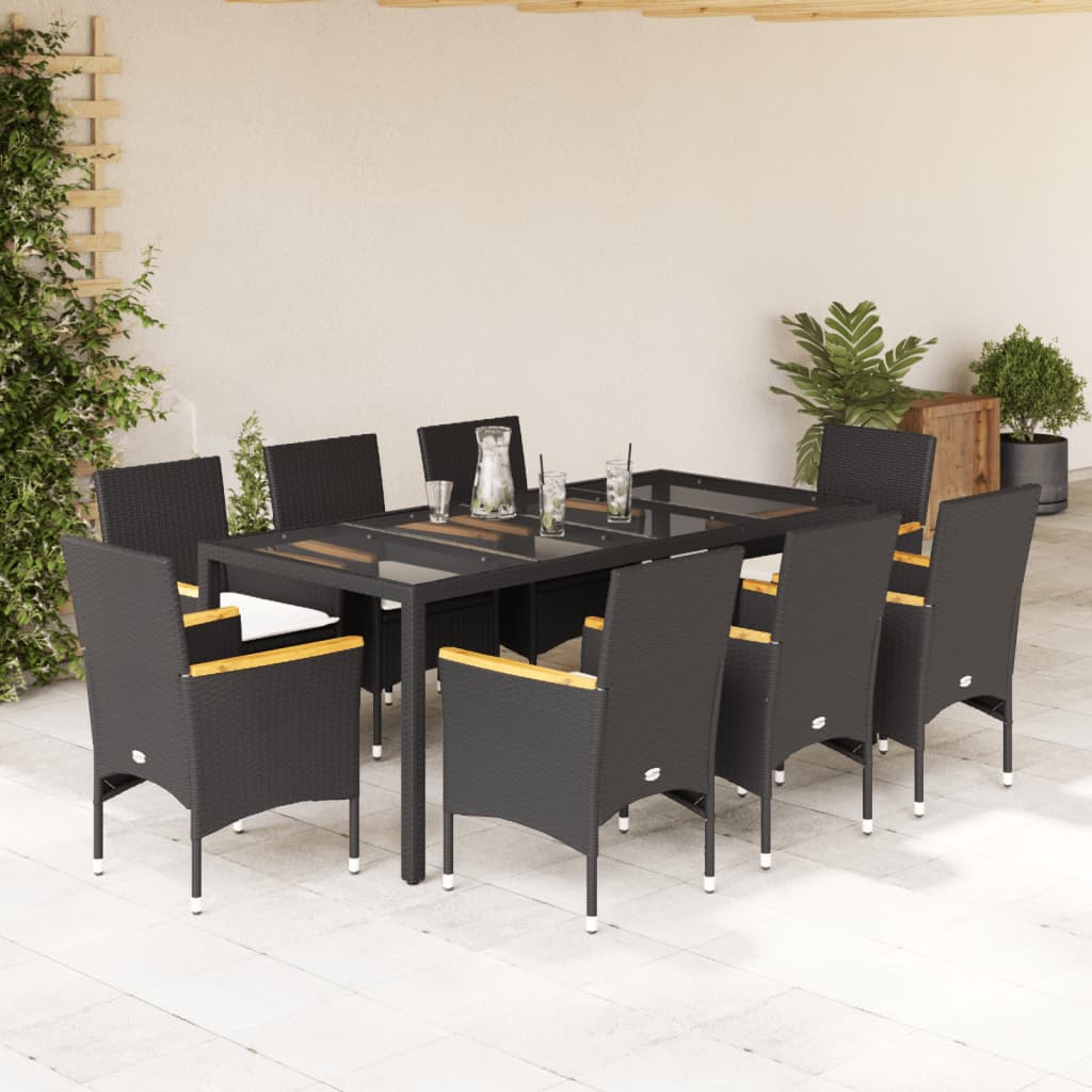 vidaXL 3-delige Tuinset met kussens poly rattan en glas zwart
