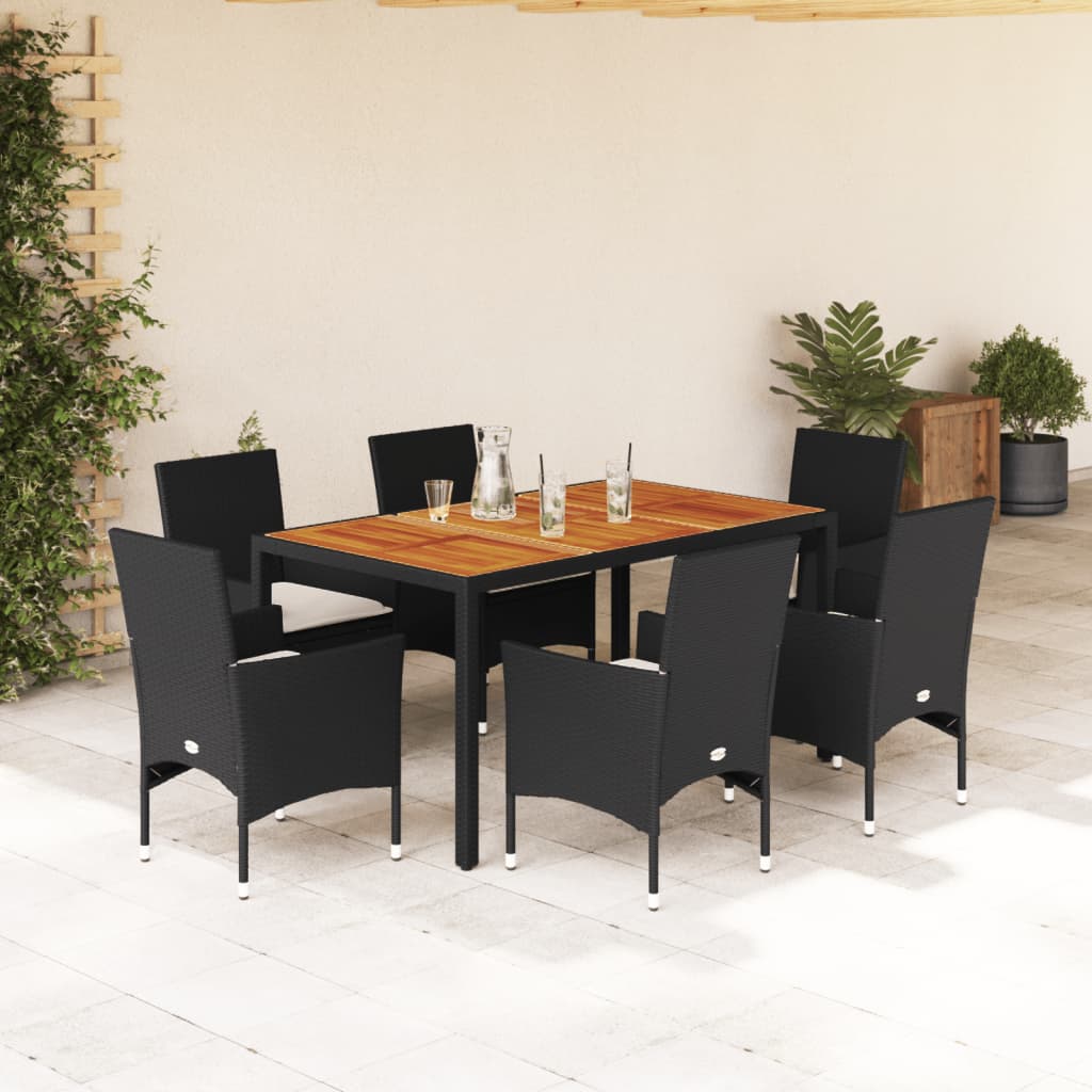 vidaXL 3-delige Tuinset met kussens poly rattan en acaciahout zwart