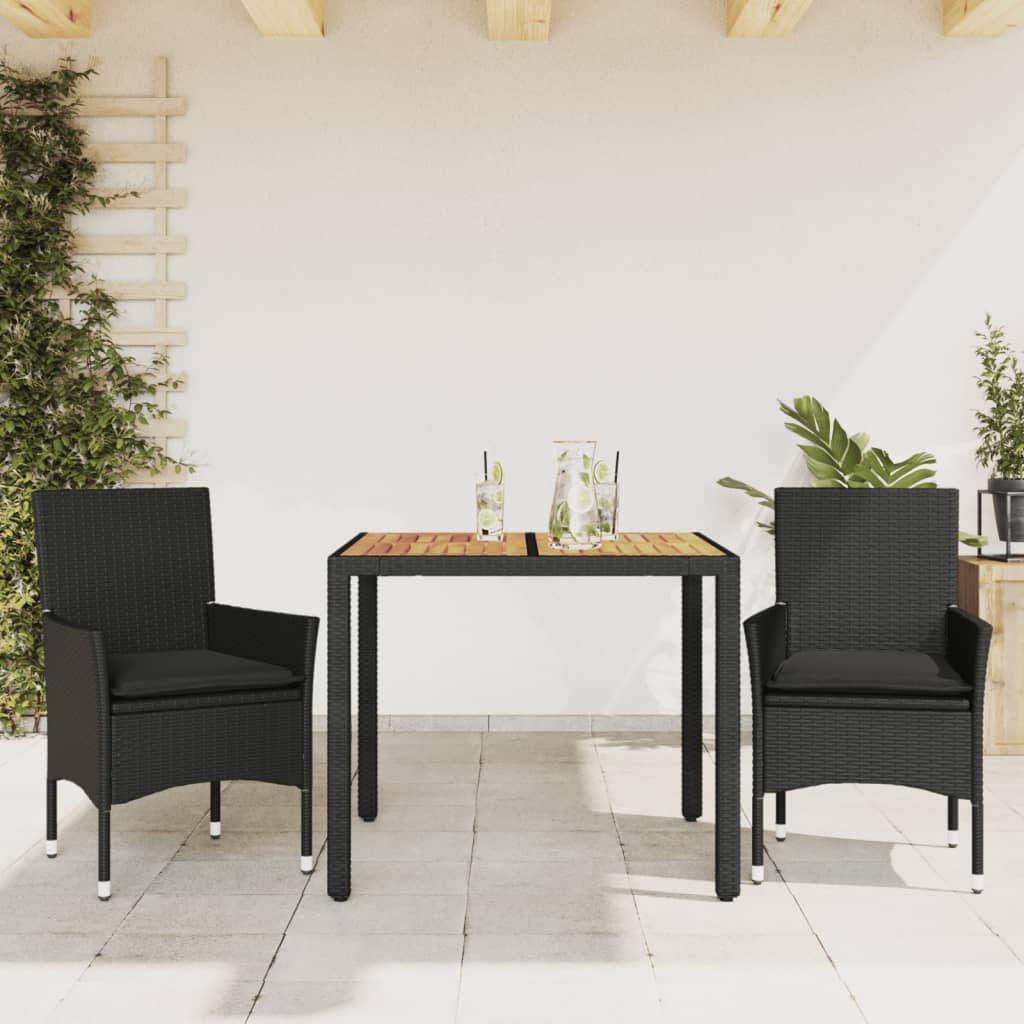 vidaXL 3-delige Tuinset met kussens poly rattan en acaciahout zwart