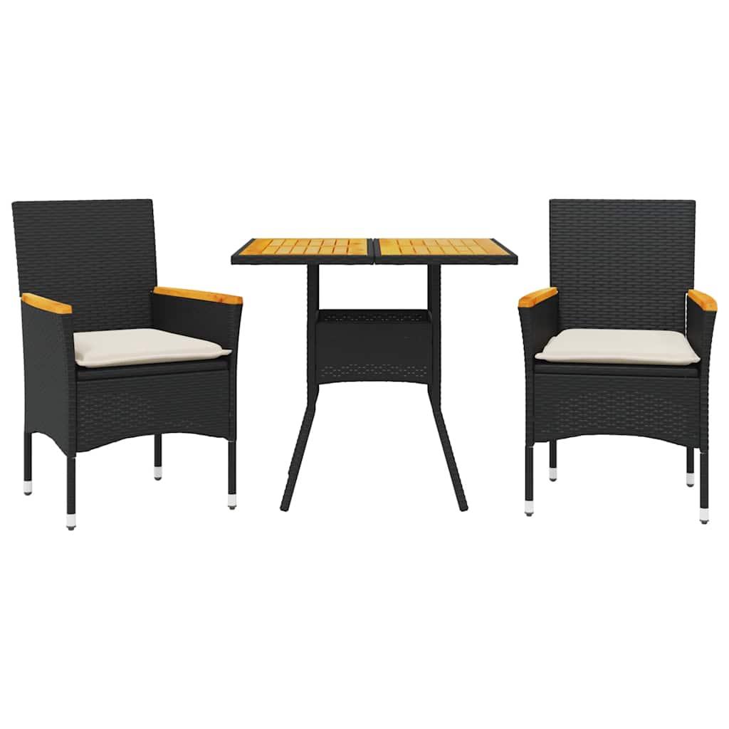 vidaXL 3-delige Tuinset met kussens poly rattan en acaciahout zwart