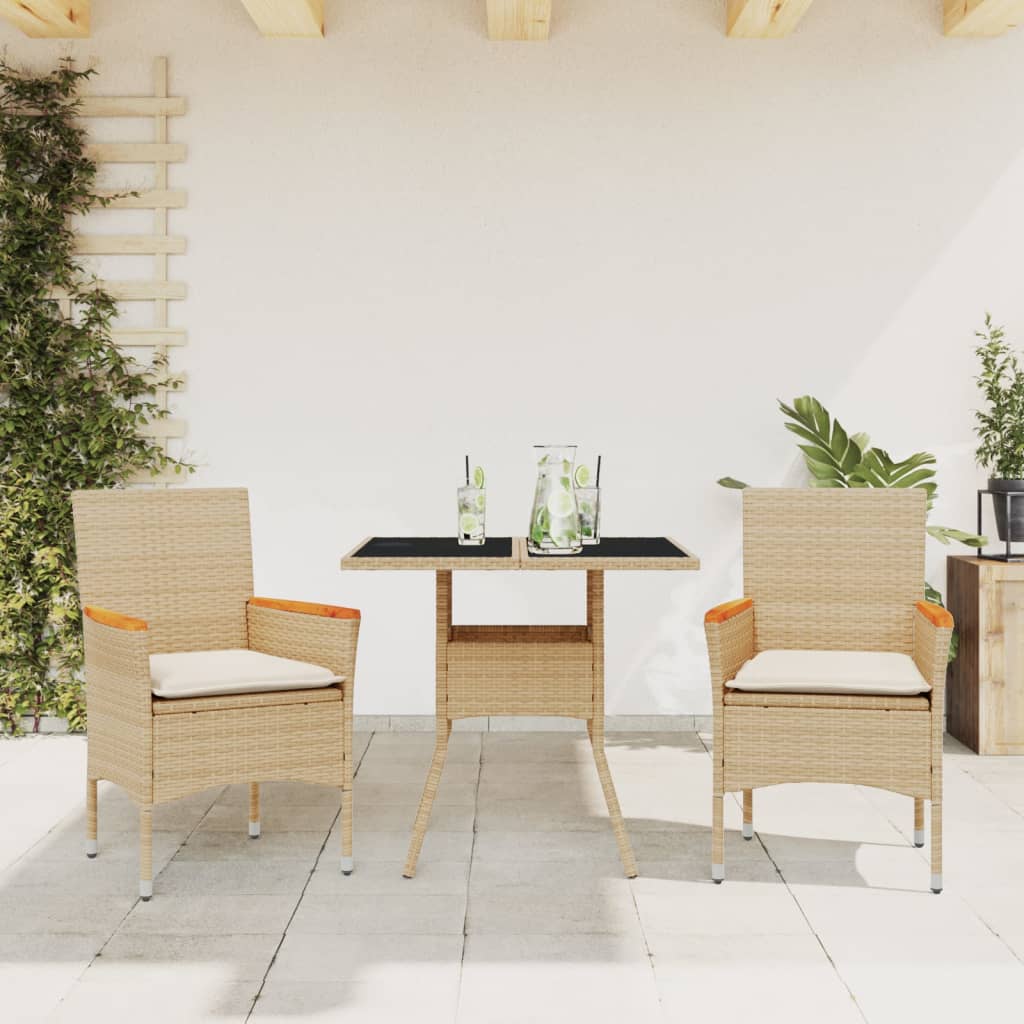 vidaXL 3-delige Tuinset met kussens poly rattan en glas zwart