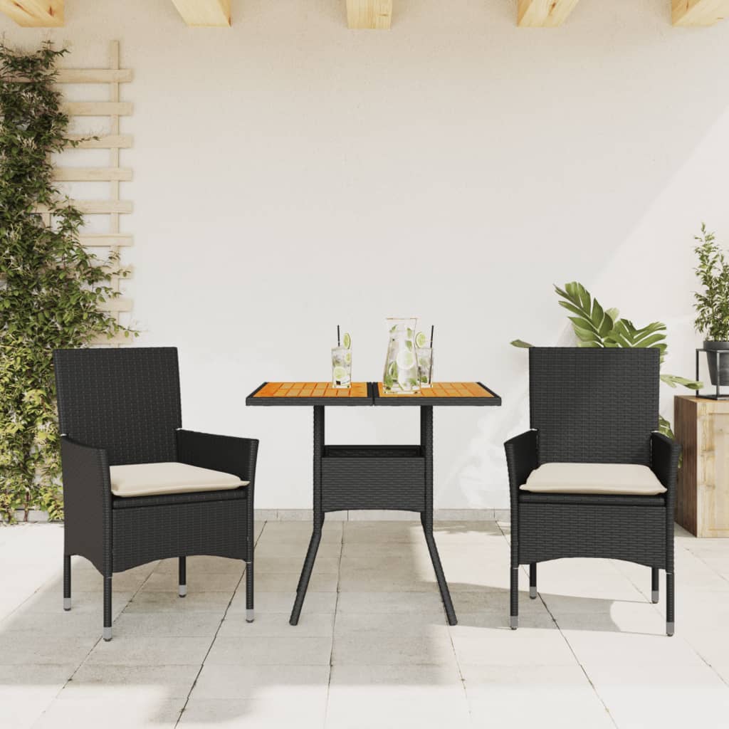 vidaXL 3-delige Tuinset met kussens poly rattan en glas zwart