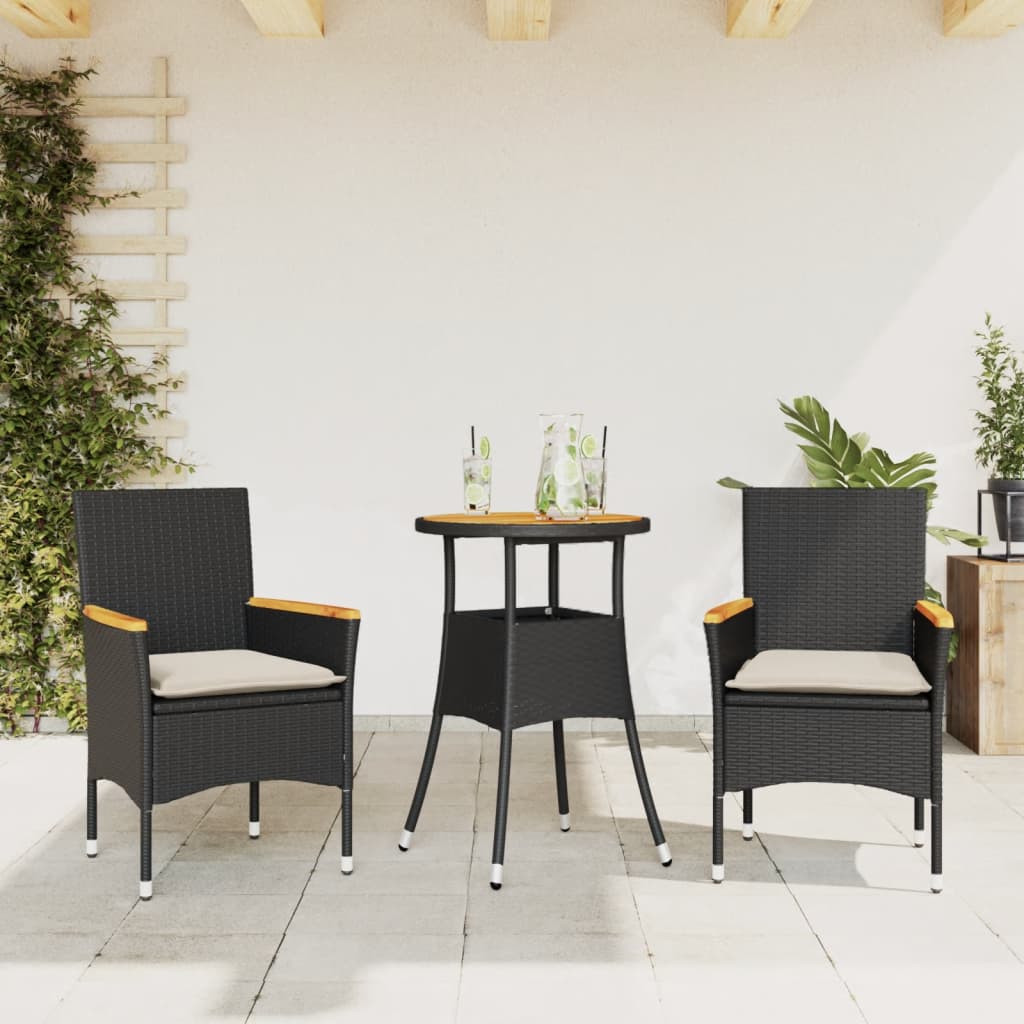 vidaXL 3-delige Tuinset met kussens poly rattan en acaciahout zwart