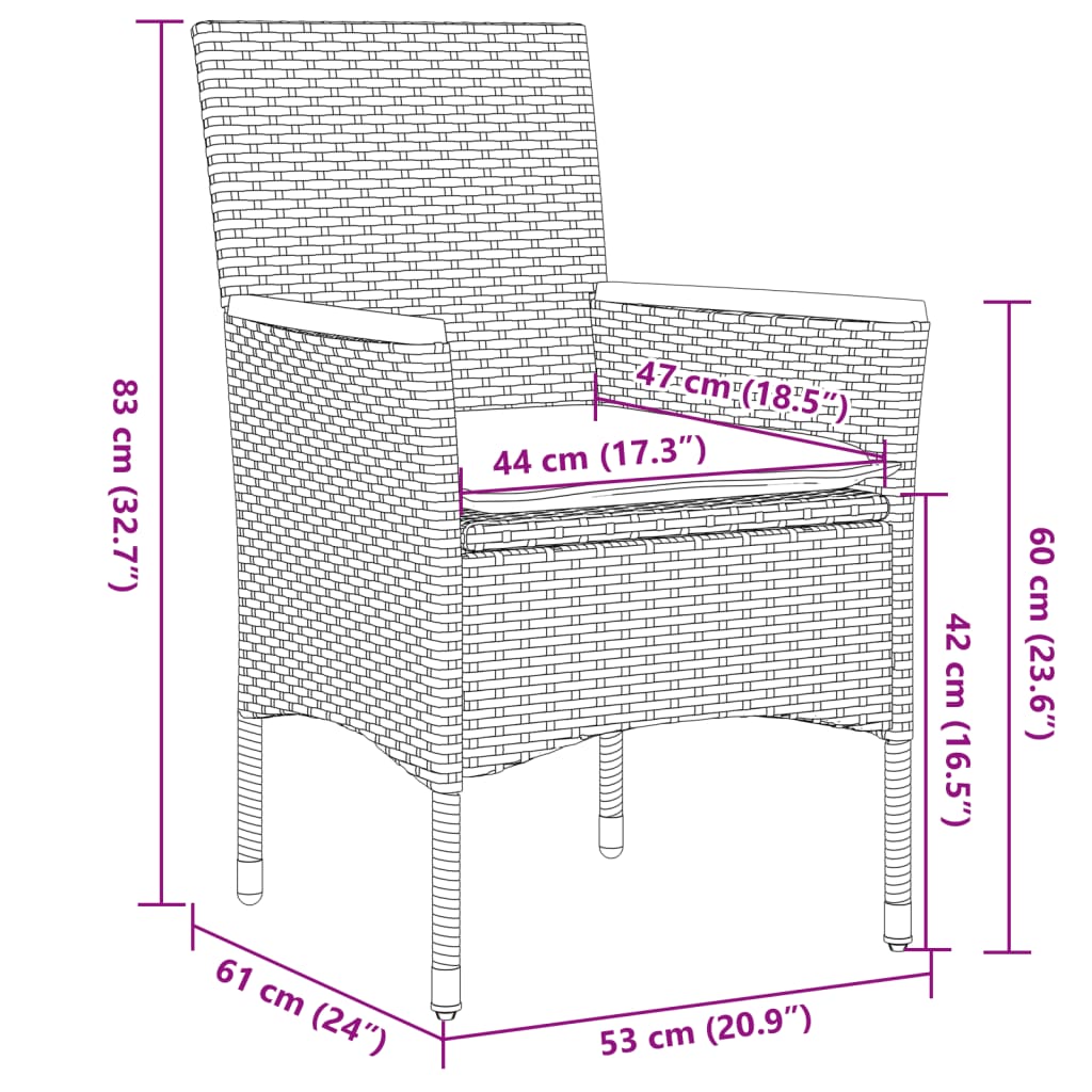 vidaXL 3-Piece Garden Lounge Set with Cushions Poly Rattan and Glass Black