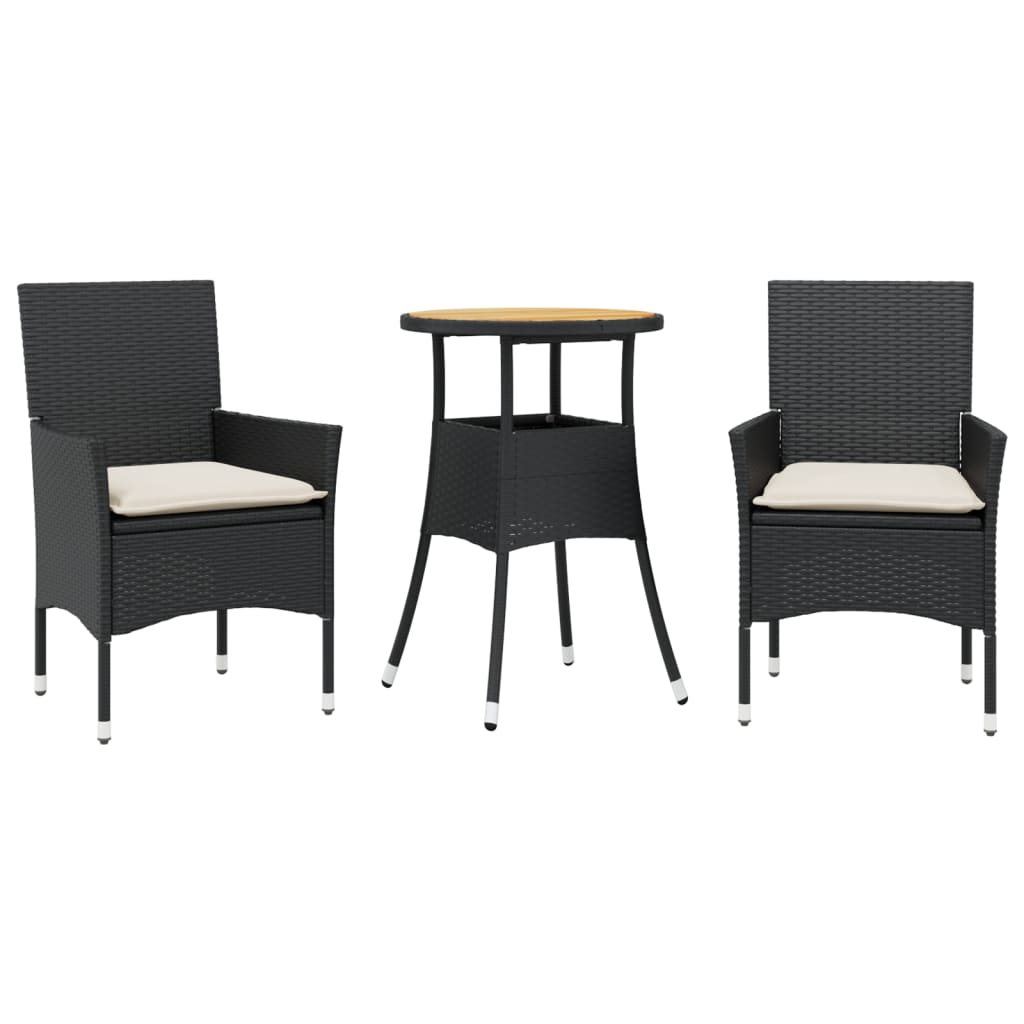 vidaXL 3-delige Tuinset met kussens poly rattan en acaciahout zwart