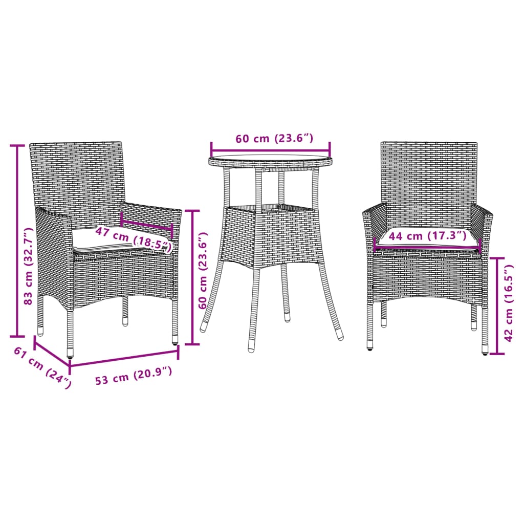 vidaXL 3-delige Tuinset met kussens poly rattan en acaciahout zwart
