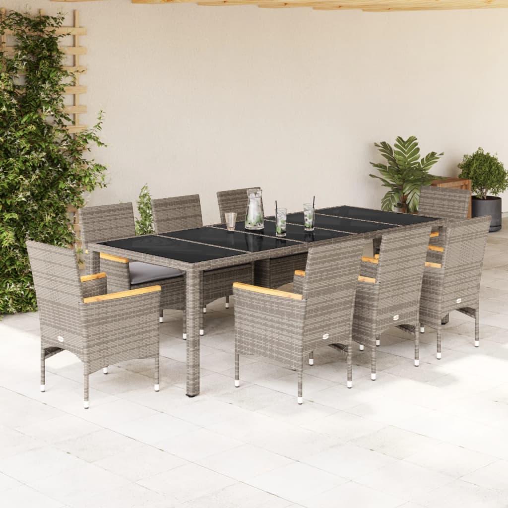 vidaXL 9-delige Tuinset met kussens poly rattan en glas grijs
