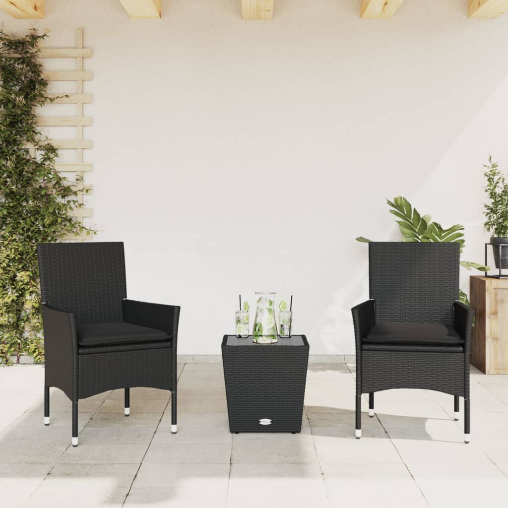 vidaXL 3-Piece Bistro Set with Cushions Poly Rattan and Glass Black