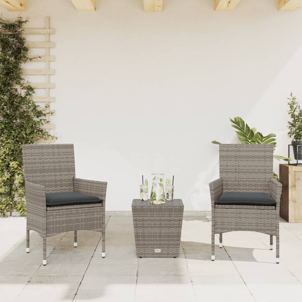 vidaXL 3-Piece Bistro Set with Cushions Poly Rattan and Glass Black