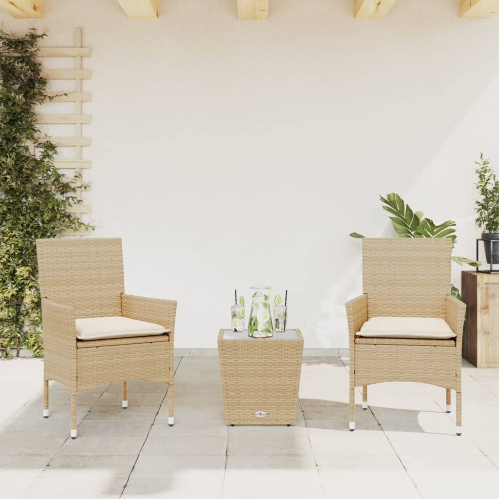 vidaXL 3-Piece Bistro Set with Cushions Poly Rattan and Glass Black