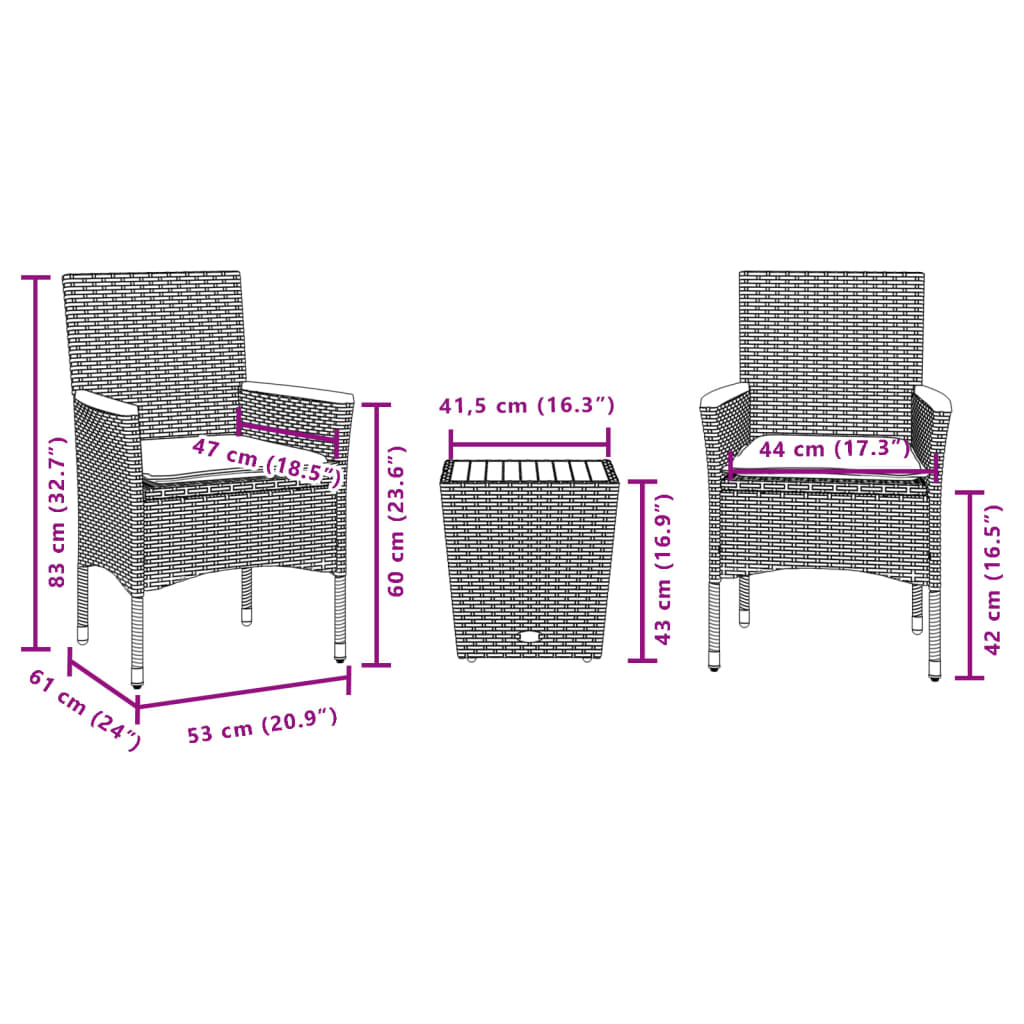 vidaXL 3-Piece Bistro Set with Cushions Poly Rattan and Glass Black