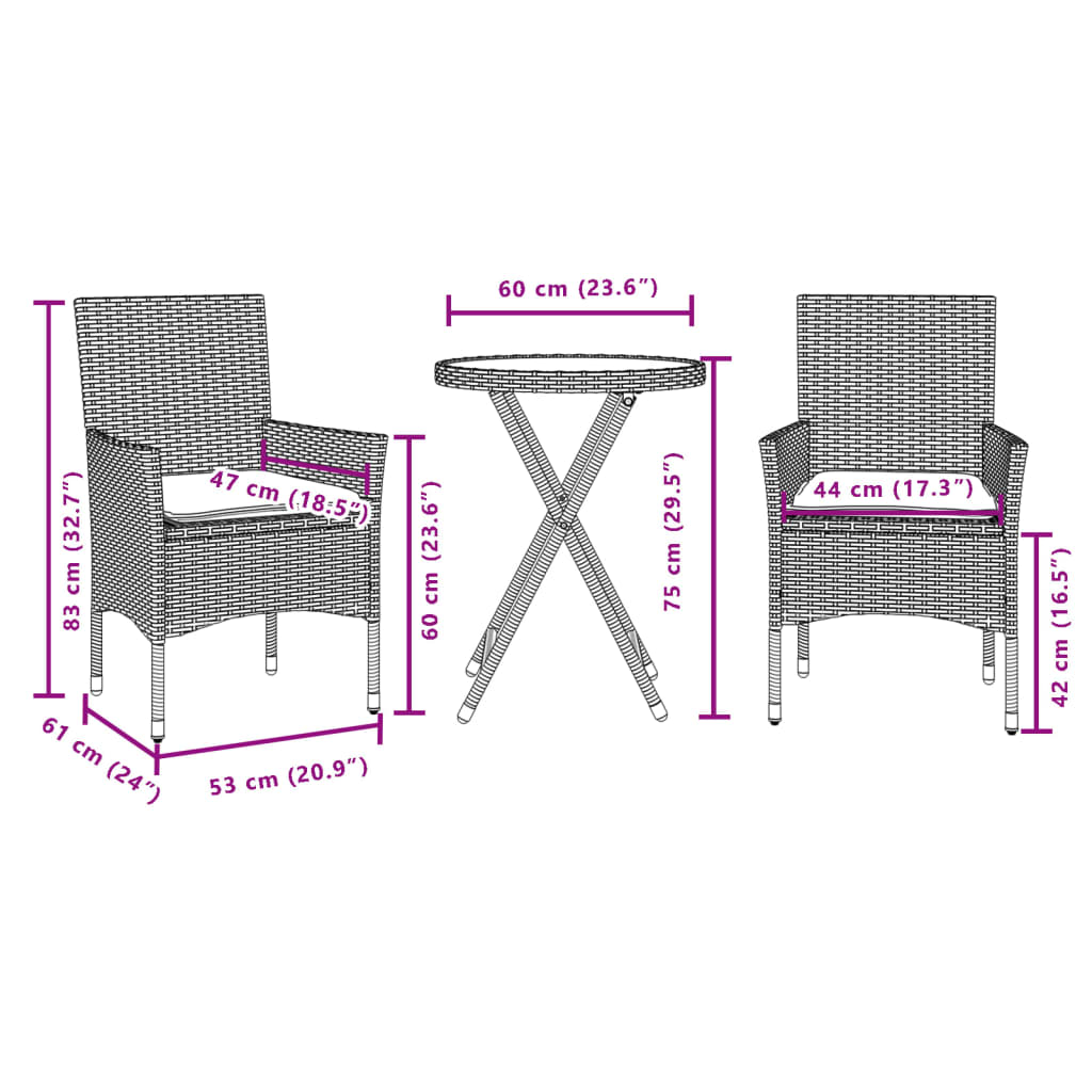 vidaXL 3-delige Bistroset met kussens poly rattan en glas zwart