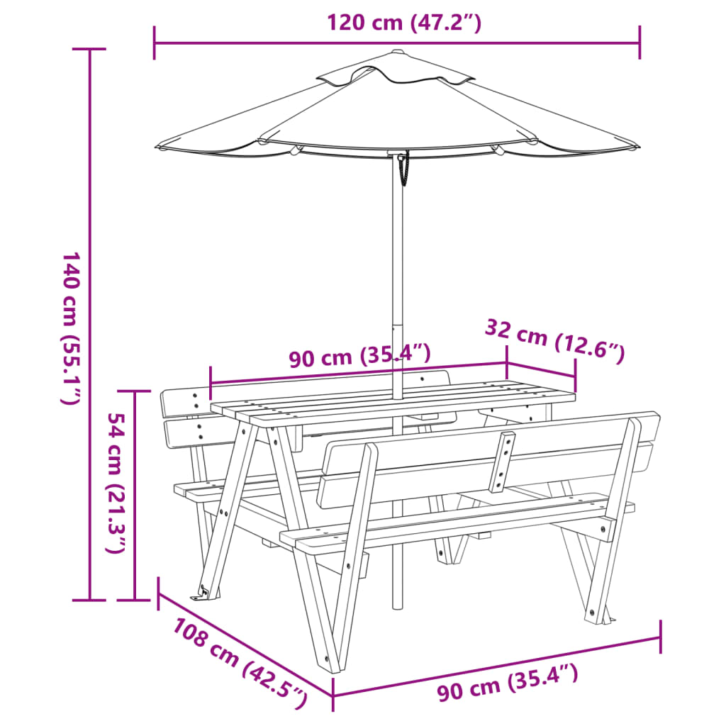 vidaXL Picknicktafel voor 4 kinderen met parasolgat massief vurenhout