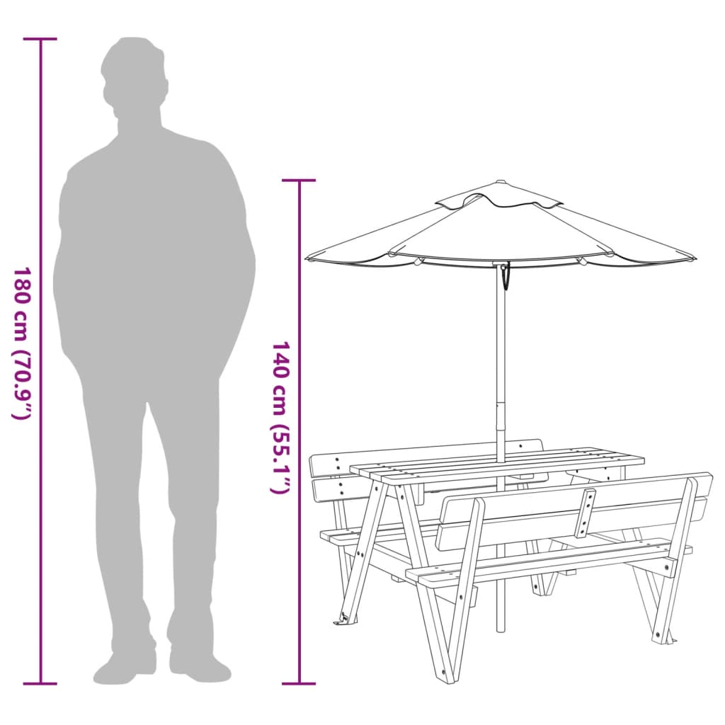 vidaXL Picknicktafel voor 4 kinderen met parasolgat massief vurenhout