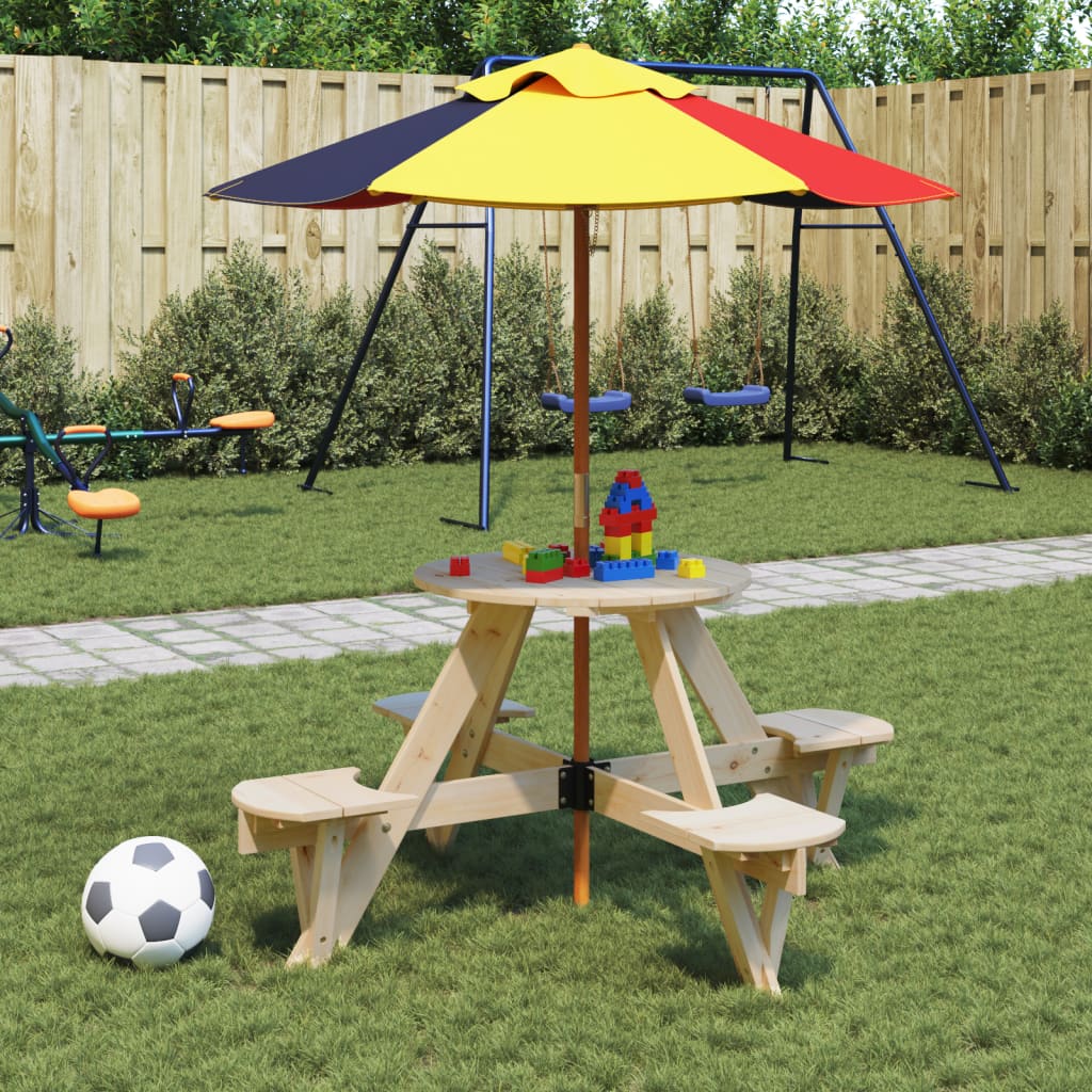 vidaXL Children's Picnic Table for 4 with Parasol Hole, Round Pinewood