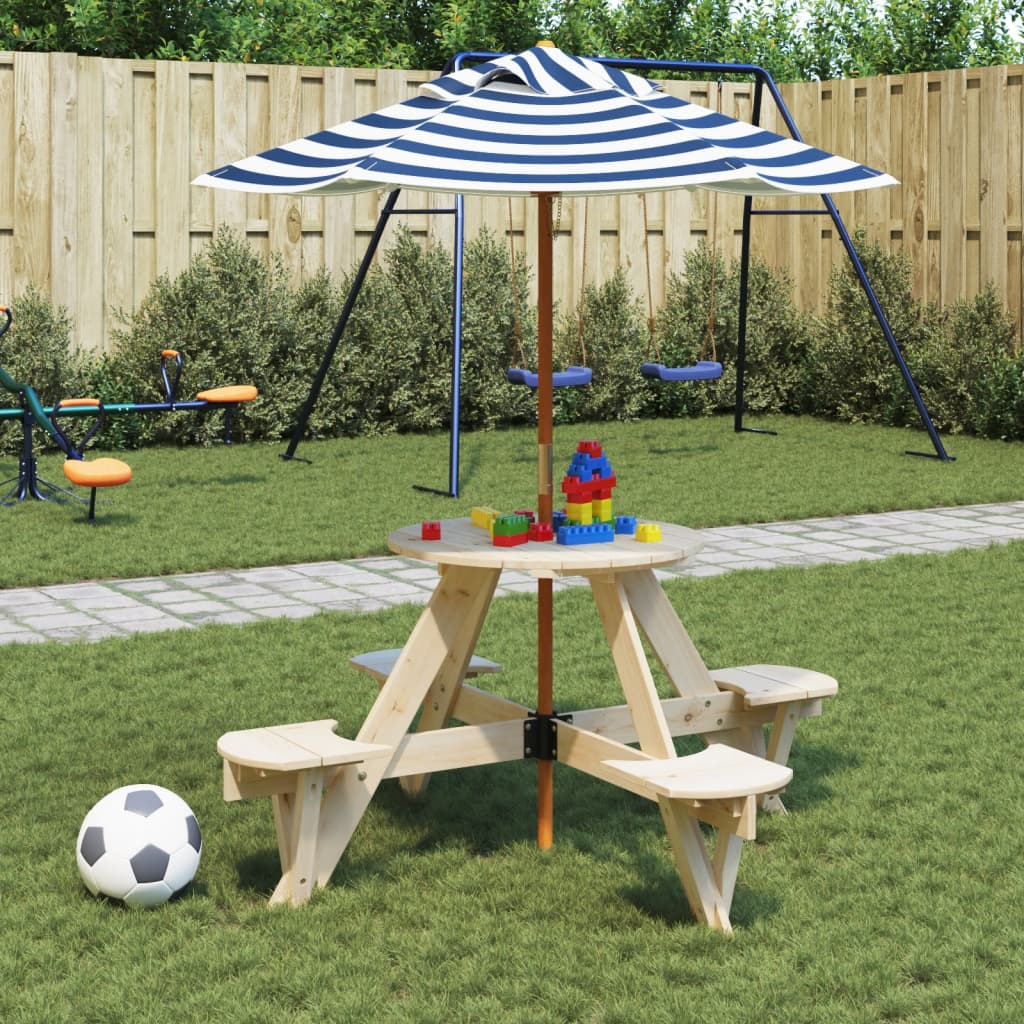 vidaXL Children's Picnic Table for 4 with Parasol Hole, Round Pinewood