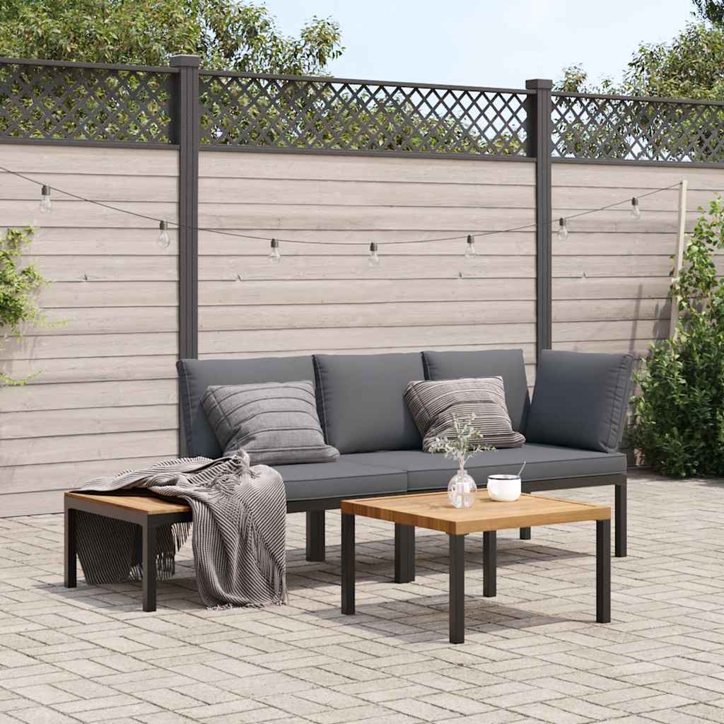 vidaXL 3-delige Loungeset met kussens aluminium zwart