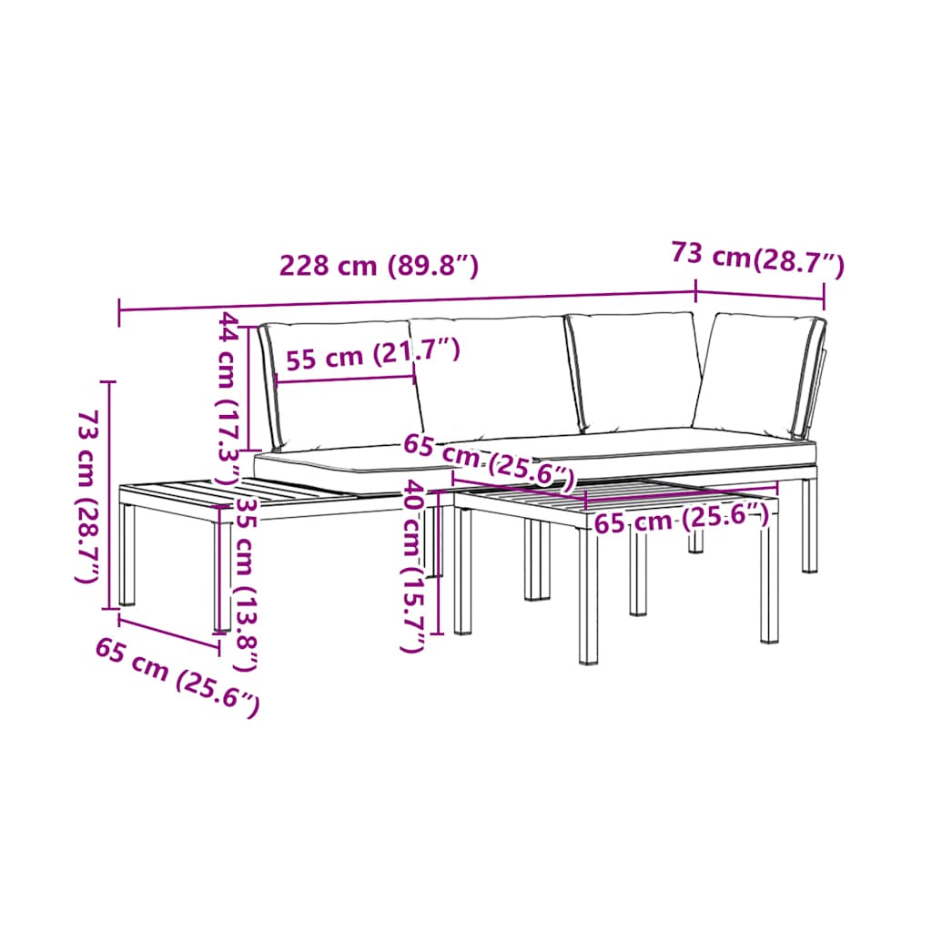 vidaXL 3-delige Loungeset met kussens aluminium zwart