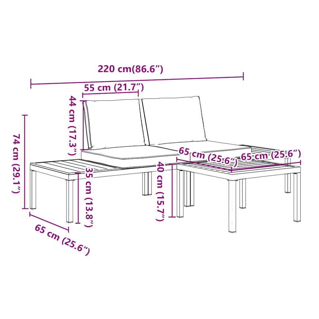 vidaXL 3-delige Loungeset met kussens aluminium zwart