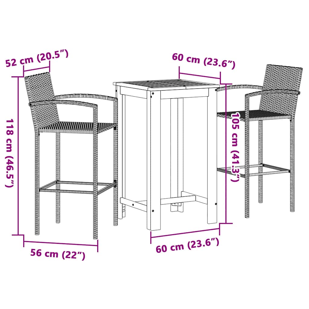 vidaXL 3-delige Tuinbarset massief acaciahout en poly rattan bruin