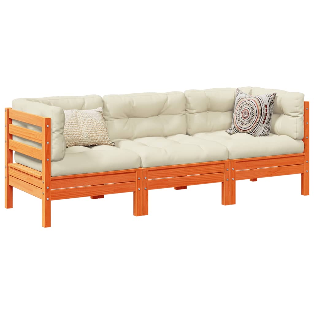 vidaXL 3-delige Loungeset met kussens massief grenenhout wasbruin