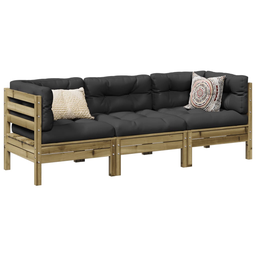 vidaXL 3-delige Loungeset met kussens massief grenenhout wasbruin