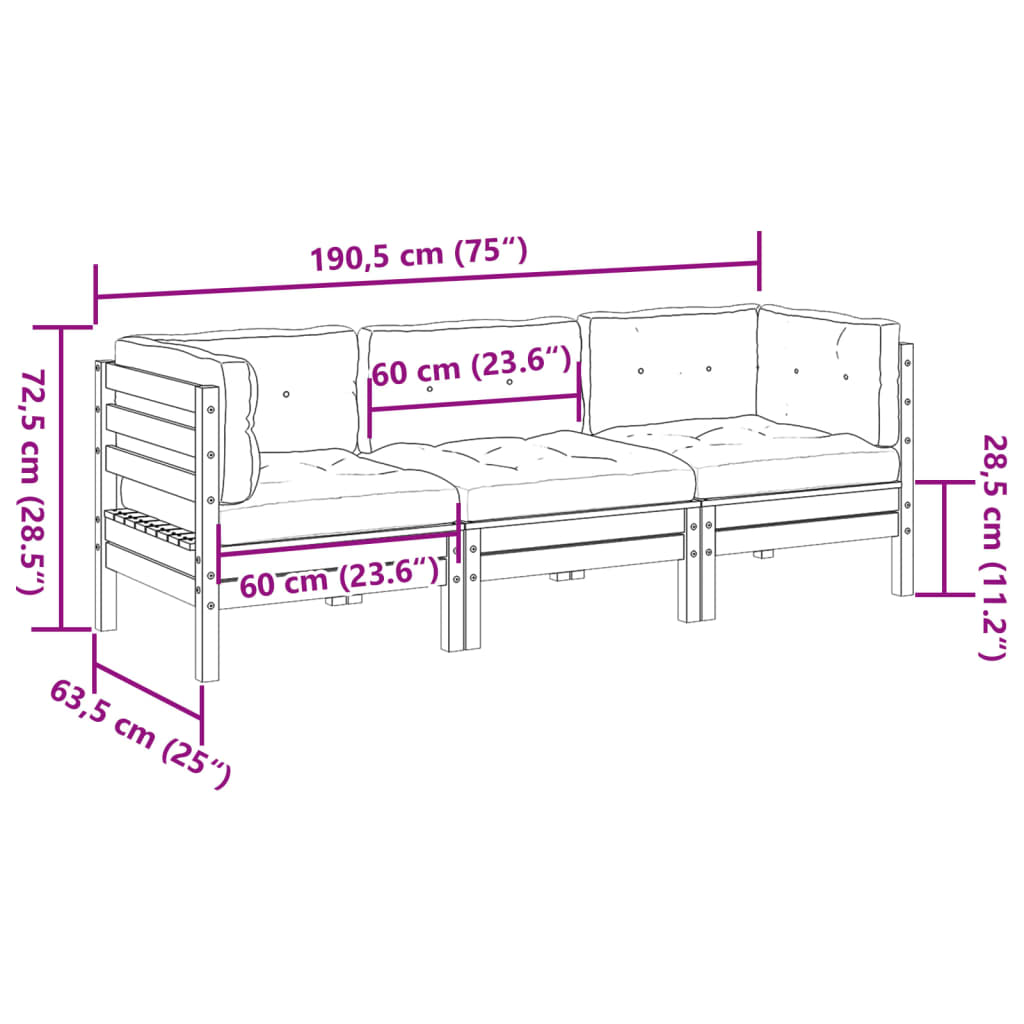 vidaXL 3-delige Loungeset met kussens massief grenenhout wasbruin