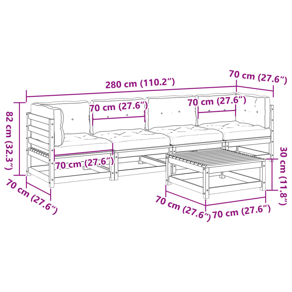 vidaXL 5-delige Loungeset met kussens massief grenenhout