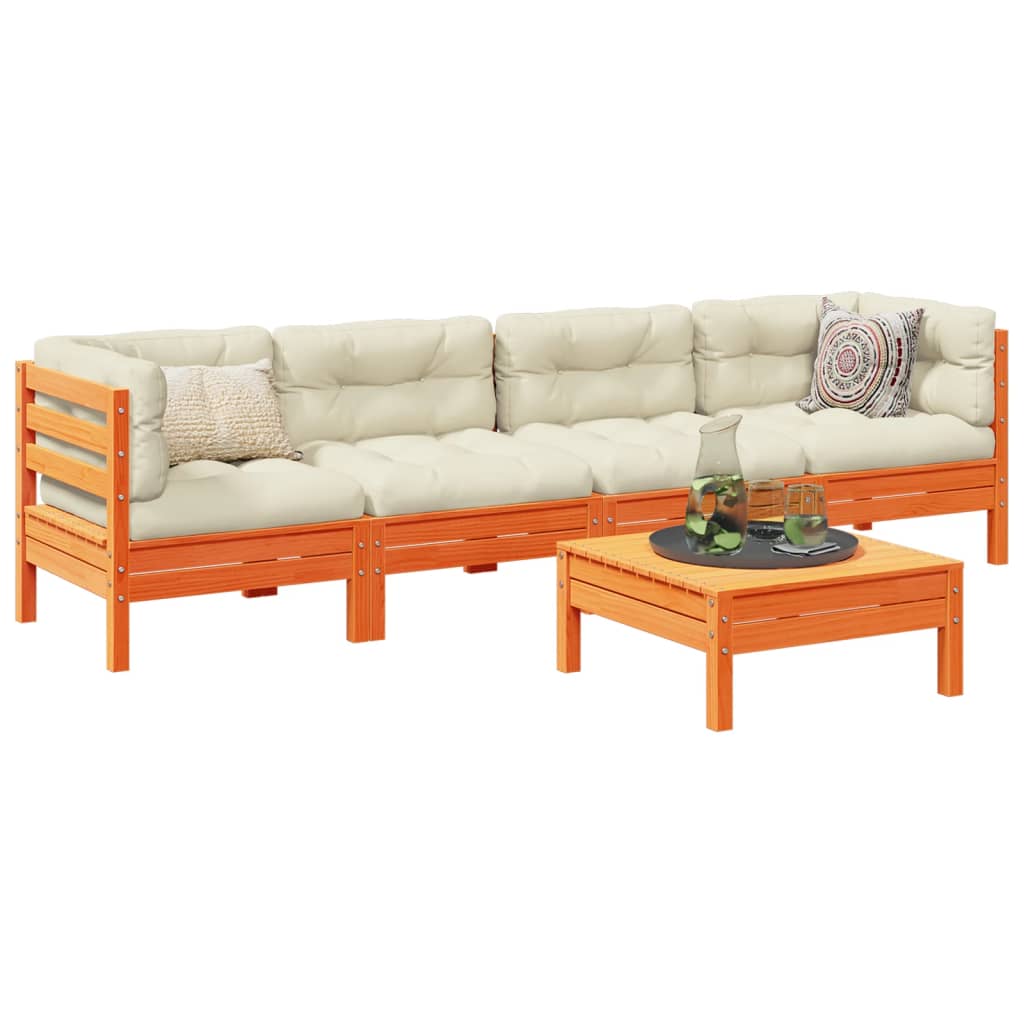 vidaXL 5-delige Loungeset met kussens massief grenenhout wasbruin