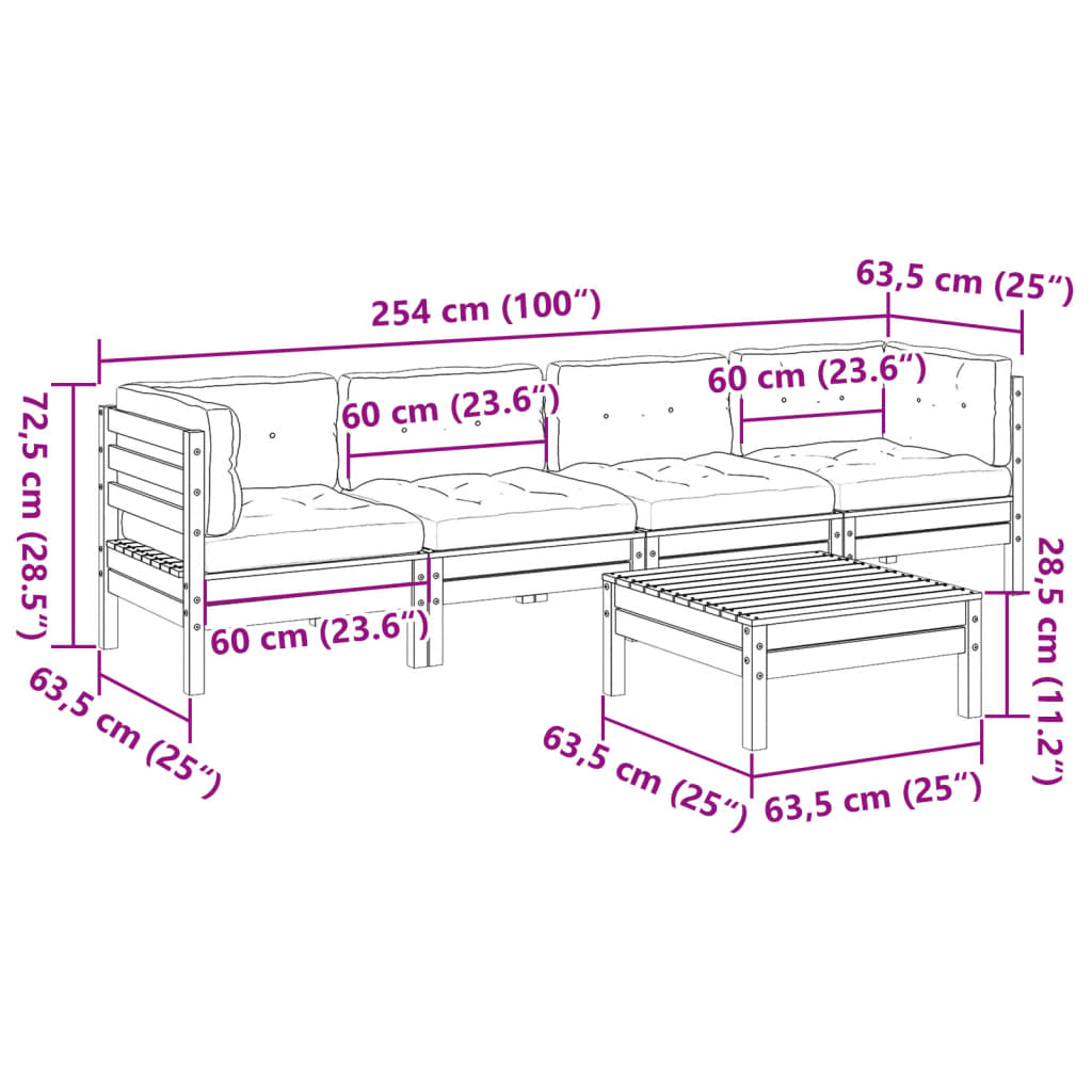vidaXL 5-delige Loungeset met kussens massief grenenhout wasbruin