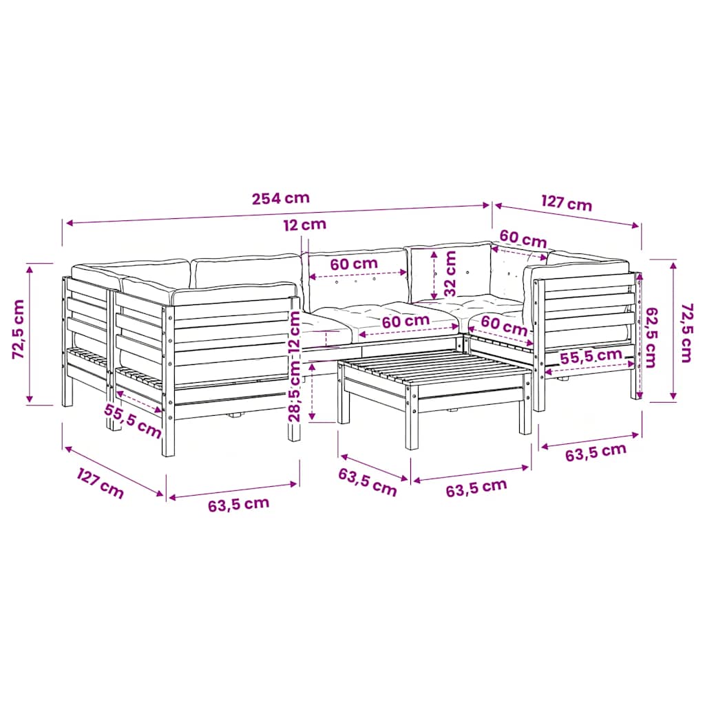 vidaXL 7-delige Loungeset met kussens massief grenenhout wasbruin