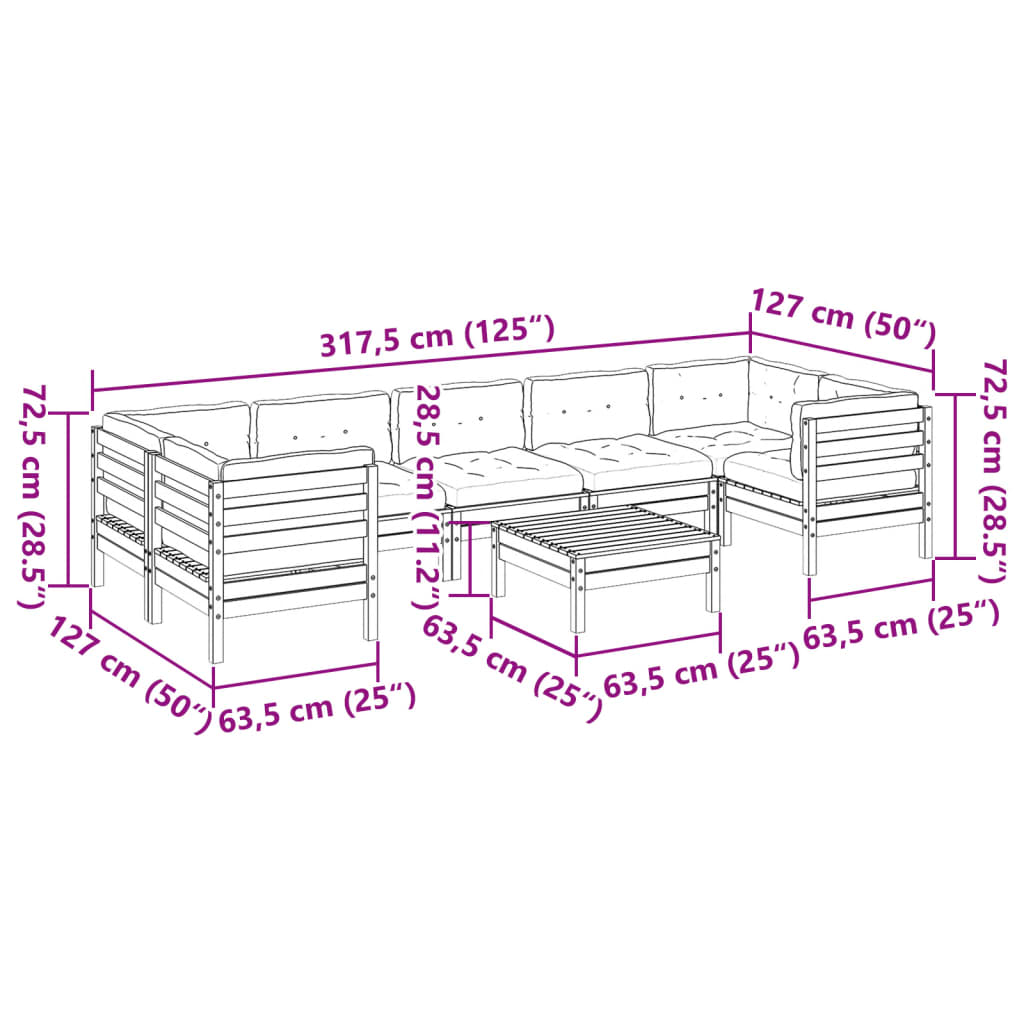 vidaXL 8-delige Loungeset met kussens massief grenenhout wasbruin