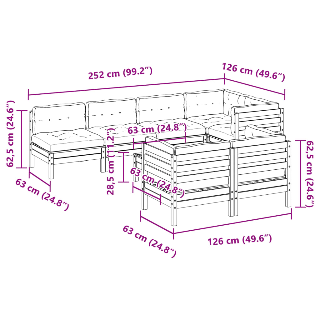 vidaXL 8-delige Loungeset met kussens massief grenenhout wasbruin